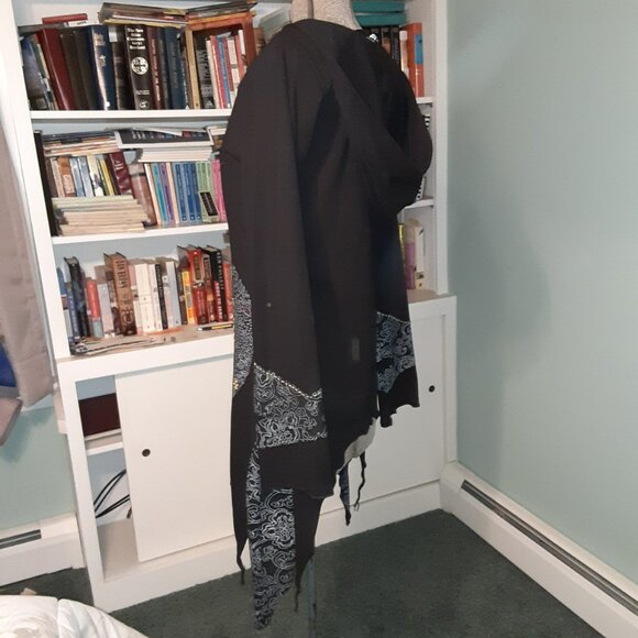 VINTAGE JAYLI NEPAL BOHO BLACK HOODED TUNIC SCREEN PRINT EMBROIDERY UNEVEN HEM M - Picture 6 of 7